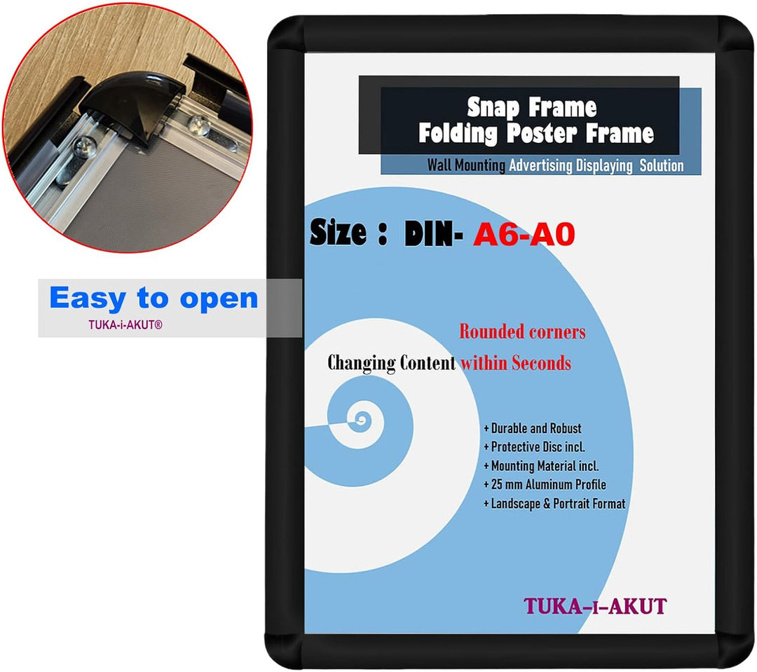 TUKA-i-AKUT 5er Aluminium Klapprahmen DIN A1 | 25 mm Profil | Abgerundete Ecken | Schutzscheibe Befe