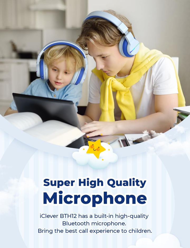 iClever Bluetooth Kinder Kopfhörer, Farbige LED-Leuchten, Kinderkopfhörer Over-Ear mit 74/85dBA Laut