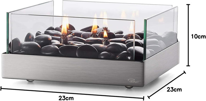 Philippi - FIREPLACE Tischkamin - quadratisch - 6 Flammen leuchten inmitten schwarzer Flusskiesel -