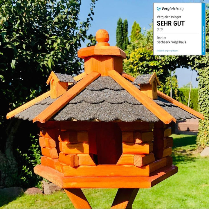 DARLUX handgefertigtes Sechseck Vogelhaus aus Holz wetterfest M - XXL mit und ohne Ständer I Futterh