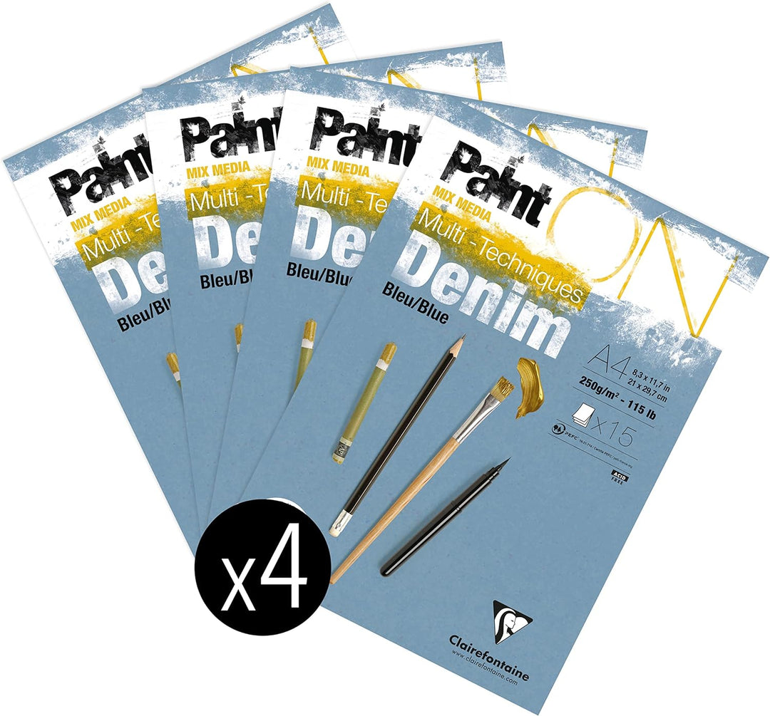 Clairefontaine 975701C - Packung mit 4 Blöcken Paint´ON Denim, DIN A4, kopfseitig geleimt, 15 Blatt,
