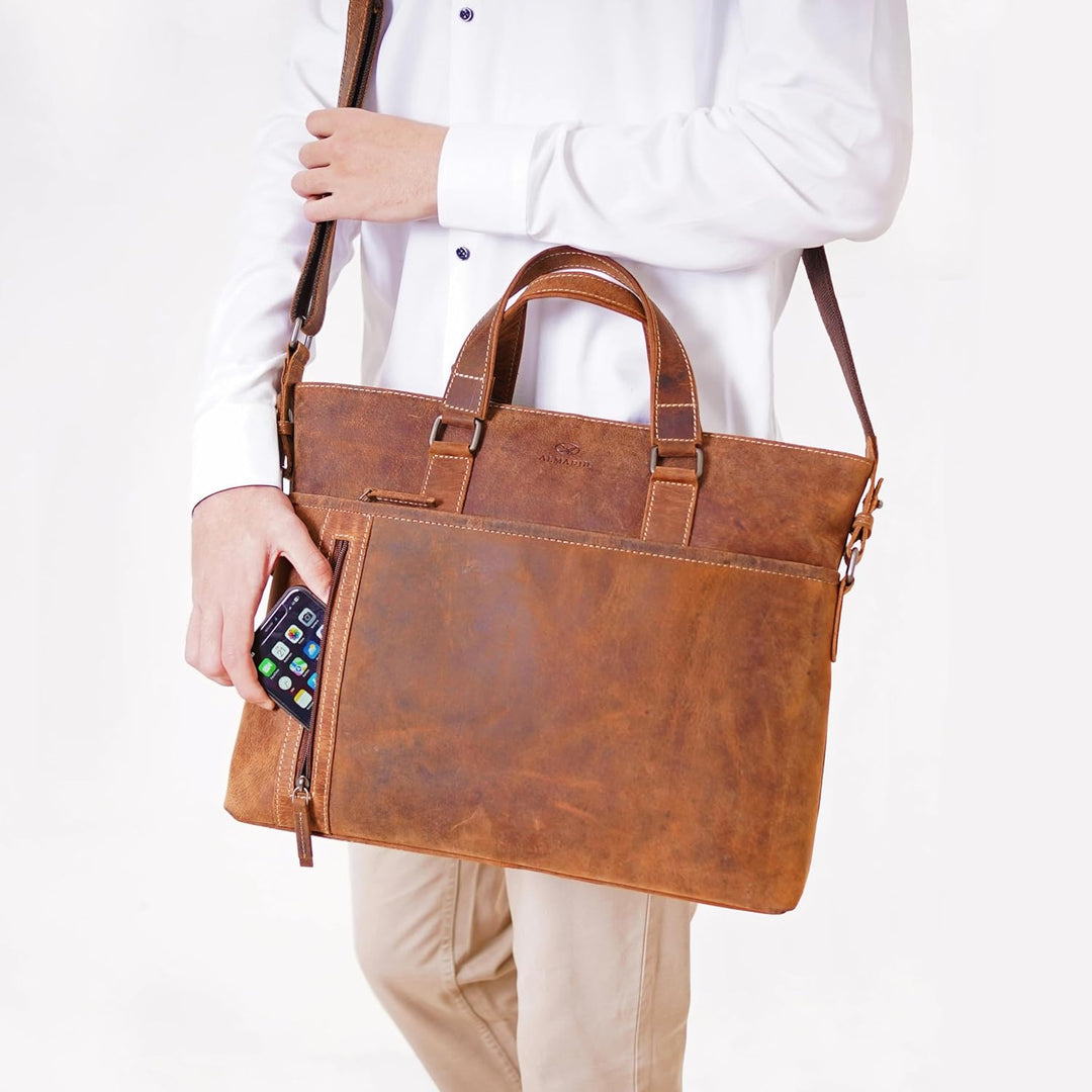 ALMADIH Leder Laptoptasche Aktentasche LEO Premium Rindsleder bv Business Tasche Umhängetasche Unita