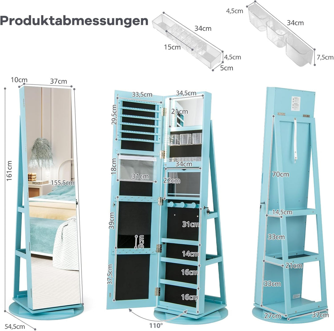 COSTWAY Schmuckschrank mit LED, Spiegelschrank 360° drehbar, mit rahmenlosem Ganzkörperspiegel, Schm