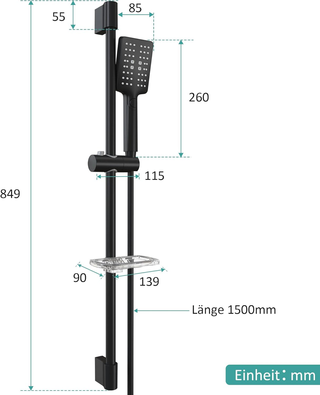 EMKE Duschsystem Duschset, Brausestangenset-Duschstange 85cm+Handbrause mit 150cm Schlauch+Seifenhal