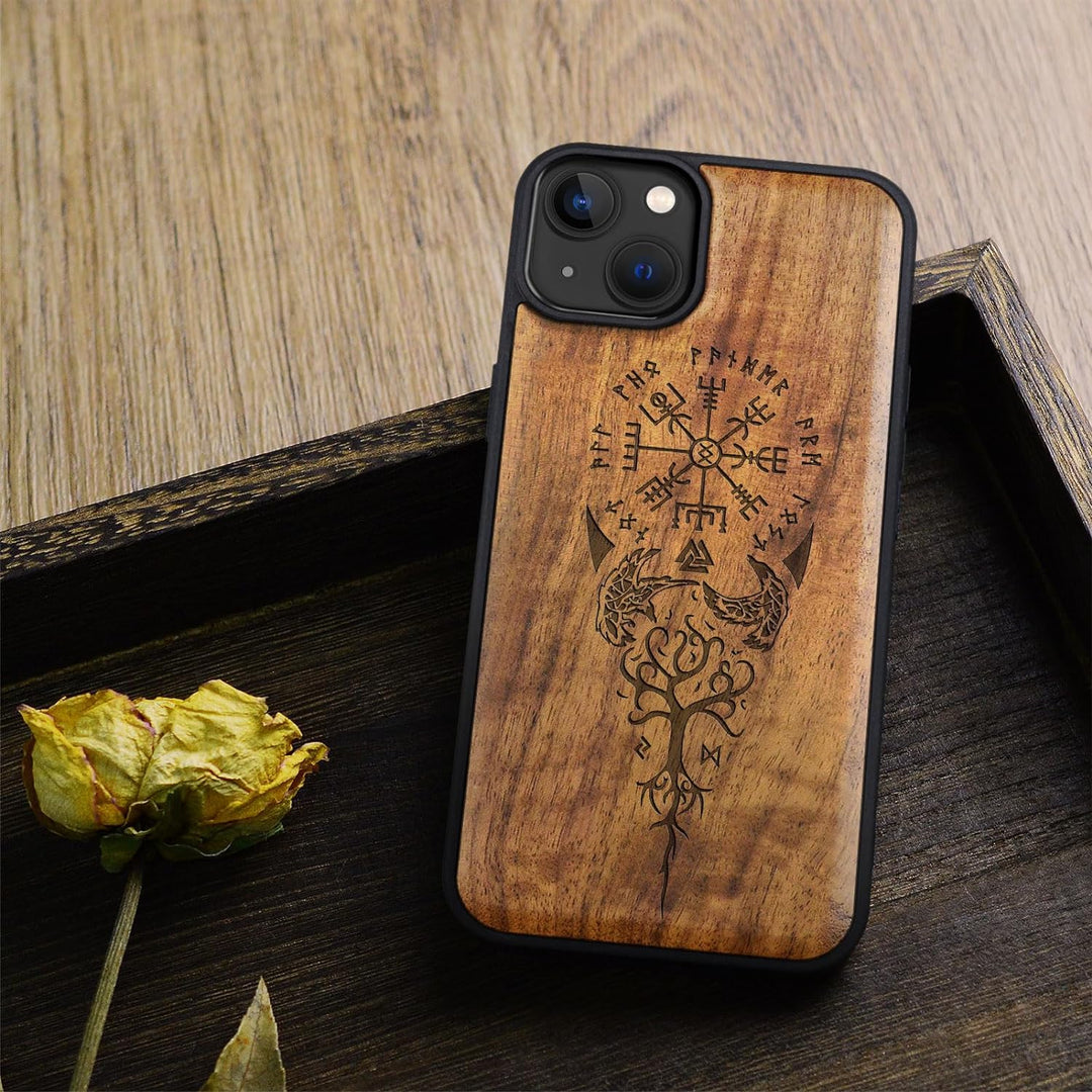 Carveit Holz Handyhülle für iPhone 15 Plus hülle, Kompatibel mit Magsafe Silikon Stossfeste Cover, M
