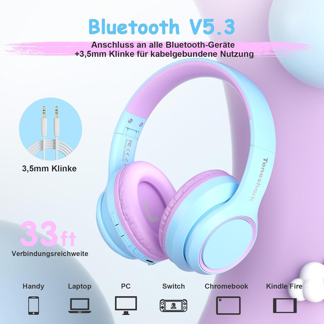 Tonoshark Noise Cancelling Kopfhoerer Kinder (ANC) | 60h Spielzeit | Kopfhörer Kabellos Bluetooth Ki