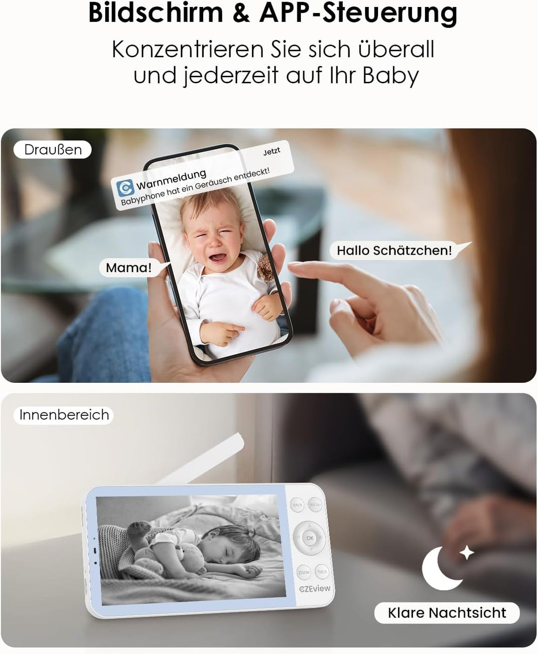 CZEview BM6 Babyphone mit Kamera 2K & 4X Zoom, 5.5" HD WLAN Video Babyfon mit App, Nachtsicht, Beweg