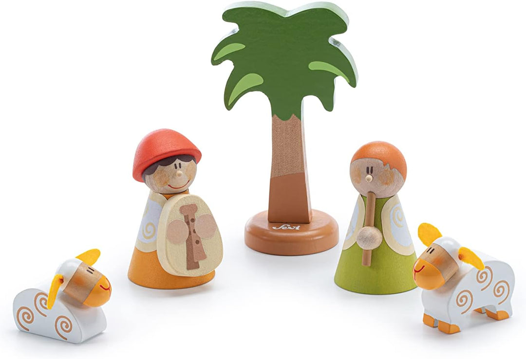 Sevi 83104 Krippen-Set Musizierende Schäfer 5 teilig, Krippenzubehör aus Holz, Set zur Ergänzung der