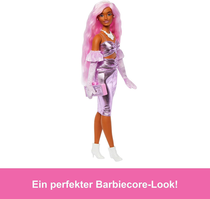 Barbie Deluxe Style-Puppe Nr. 1 mit Barbiecore-Outfit, rosafarbenen Haaren und glänzendem rosa Kleid
