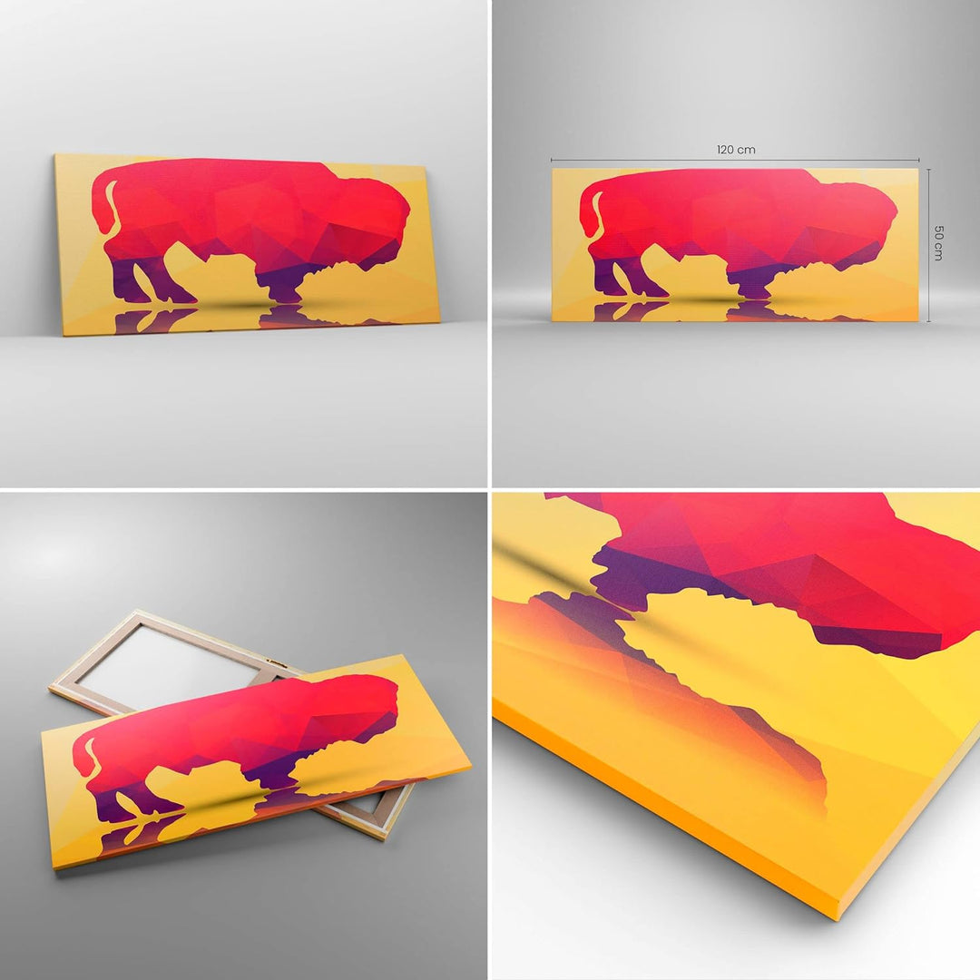 Wandbilder Dekoration Wohnzimmer Bison Illustration Bunt Grafik Panorama Bilder auf Leinwand 120x50c