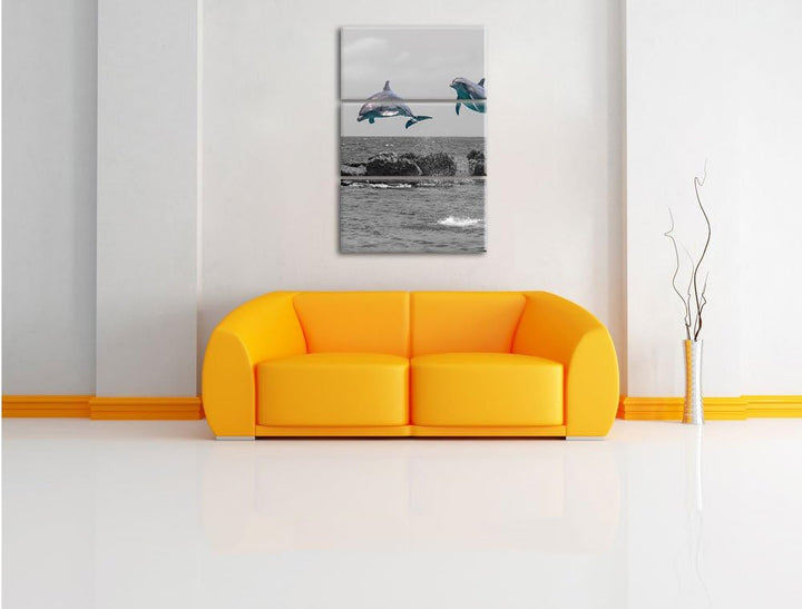 Pixxprint Zwei hoch springende Delphine als Leinwandbild/Grösse: 3 Teilig (120x80 cm) cm/Wandbild/Ku