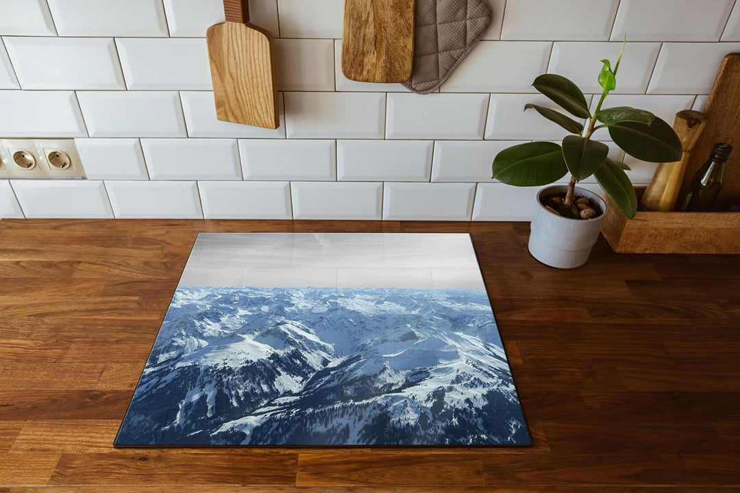 Alpen mit Schneespitzen Herdabdeckplatte & Spritzschutz aus Echtglas | Für Herd-Kochfelder | 60x52 c