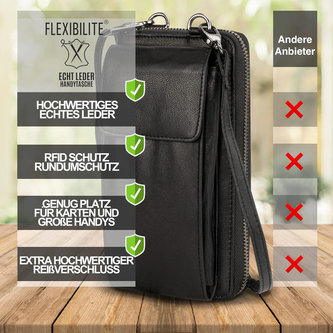 FLEXIBILITE® Handytasche zum Umhängen aus echtem Leder I EXTRA leicht 220 g mit RFID I Handy Portemo