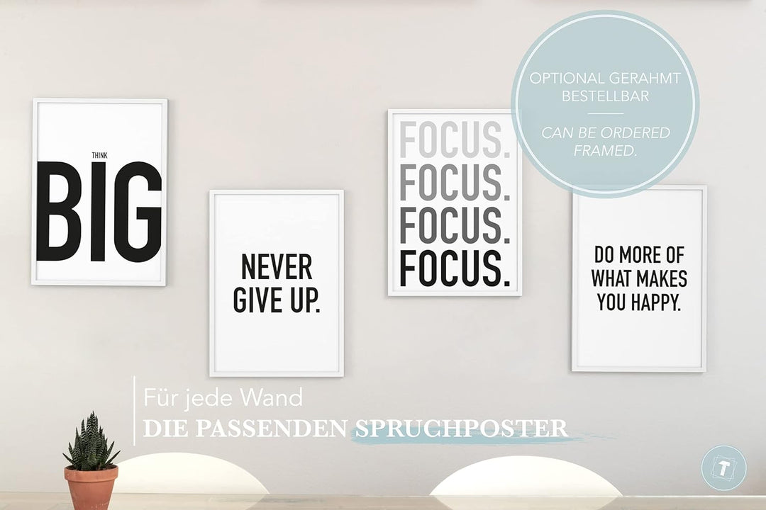 Papierschmiede® Premium Spruchposter Set 4er 50x70 cm (B2), Motiv: Think Big, Focus Leistung Motivat