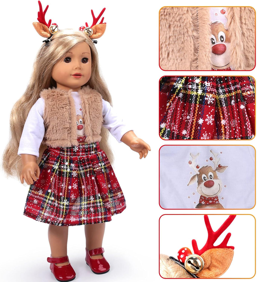 Tacobear Puppenkleidung Weihnachten Puppen Kleider Zubehör Set Puppen Hemd Rot Karierter Rock Mantel