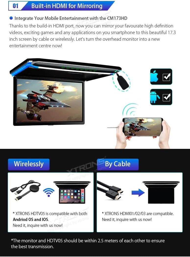 XTRONS 17,3“ Digital TFT FHD 16:9 Bildschirm für Auto Bus unterstützt 1080P Video Auto Overhead Play