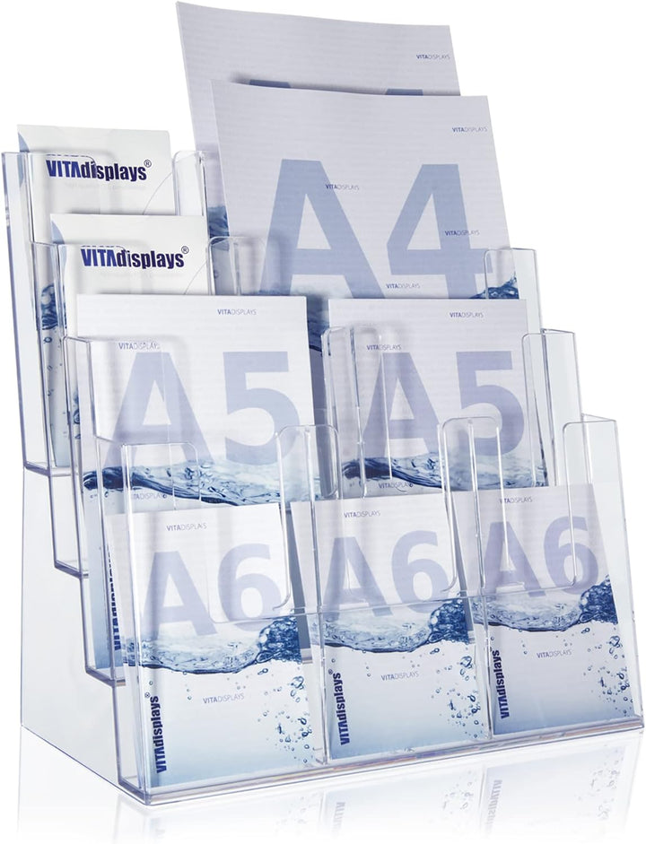 Taymar Prospekthalter DIN A4 / A5 / DIN lang vierstufig Aufsteller Prospektständer Flyerhalter Acryl
