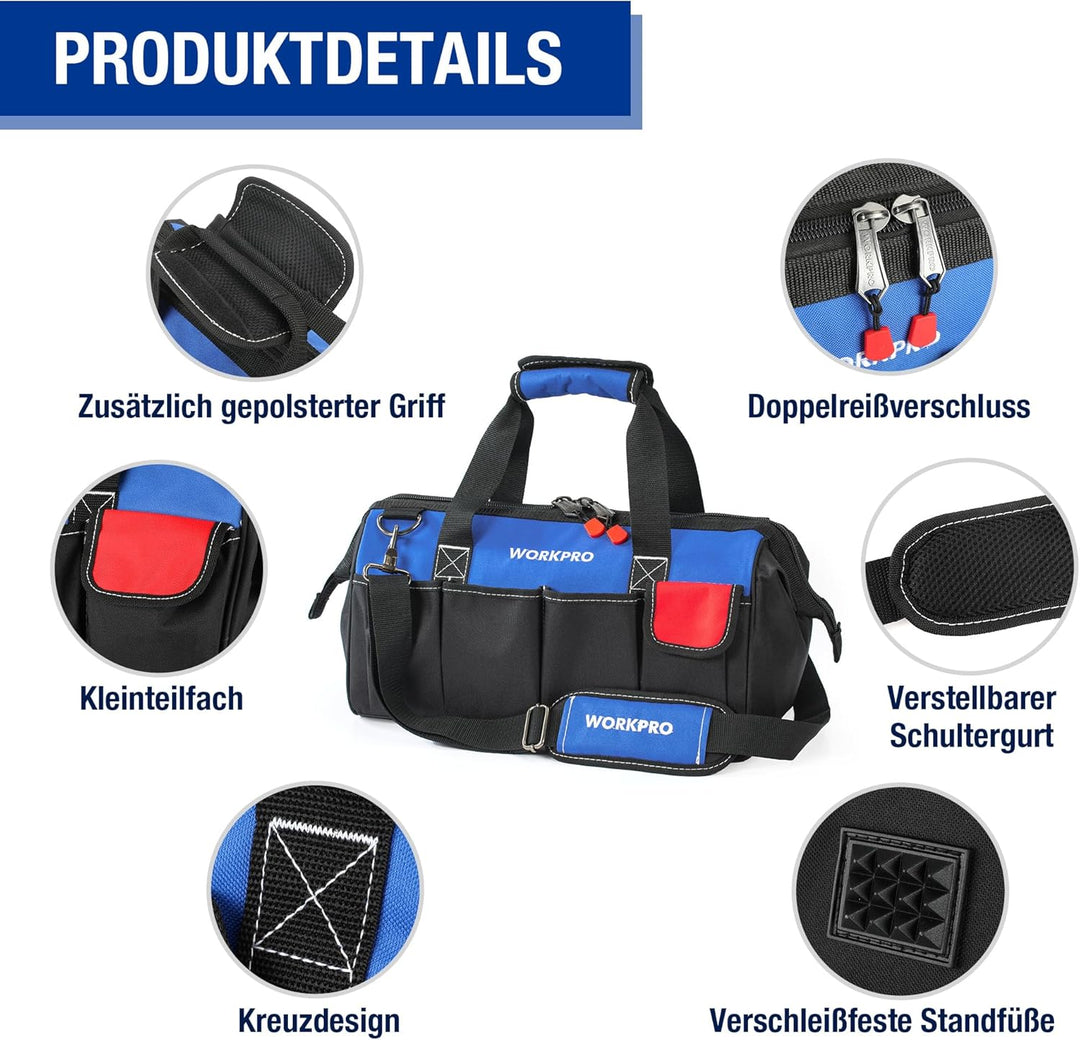 WORKPRO Werkzeugtasche Elektriker, Wasserdichte Werkzeugtasche Profi, weite Öffnung & grosse Kapazit