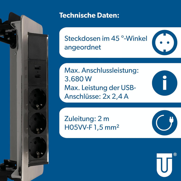 Unitec Versenkbare Steckdosenleiste horizontal | 2 USB Ladebuchsen | 3 Steckdosen | beiliegende Halt