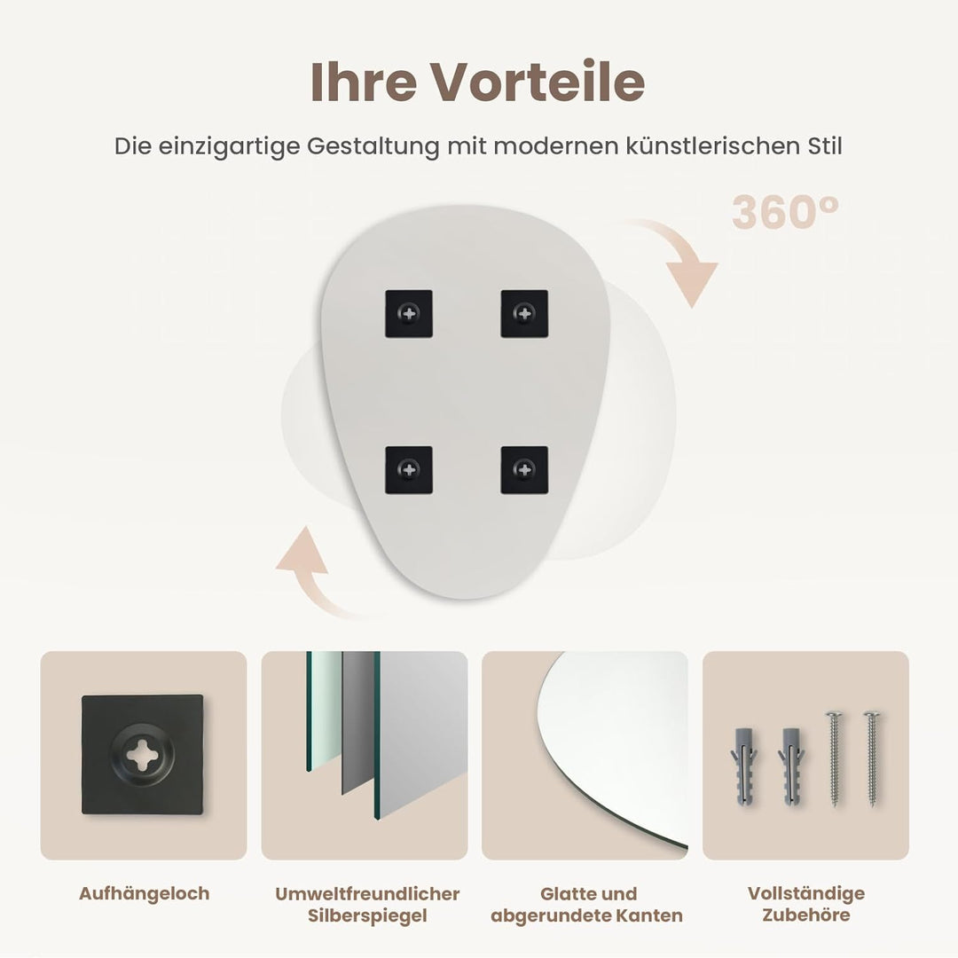 EMKE Badspiegel 50 x 70 cm, Asymmetrischer Spiegel, 360° Installation, Dekorativer HD-Wandspiegel fü