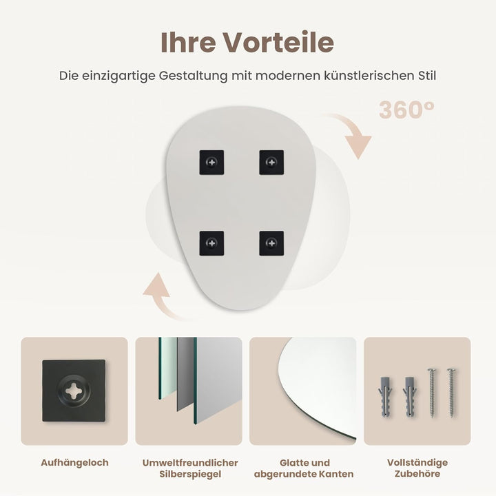 EMKE Badspiegel 50 x 70 cm, Asymmetrischer Spiegel, 360° Installation, Dekorativer HD-Wandspiegel fü