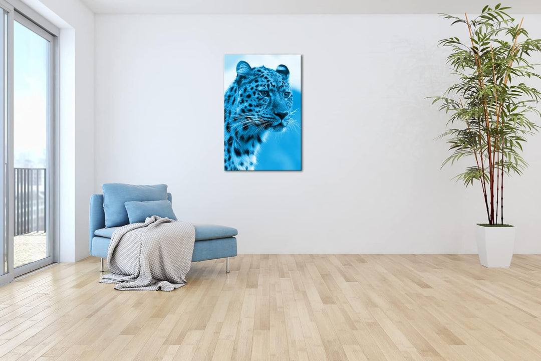 deyoli süsser Leopard Format 80x60 Effekt: Monocrome Blau als Leinwandbild, Motiv fertig gerahmt auf
