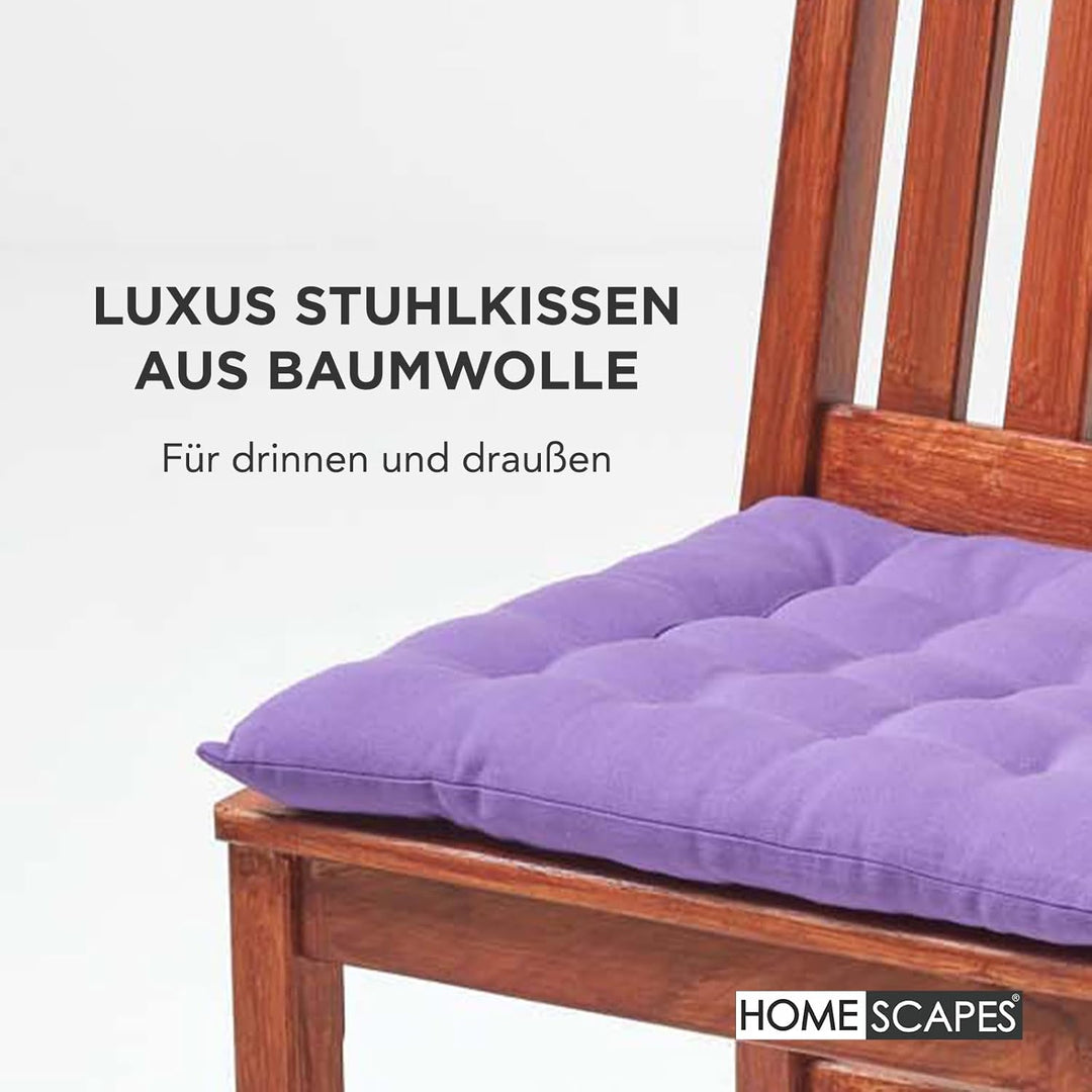 HOMESCAPES 4er Set Stuhlkissen 40 x 40 cm, lila, Sitzkissen mit Bändern und Knopfverschluss, einfarb