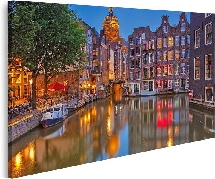 islandburner Bild auf Leinwand Amsterdam Nacht Beleuchtet Bilder Wandbilder Poster, 80L x 40B cm