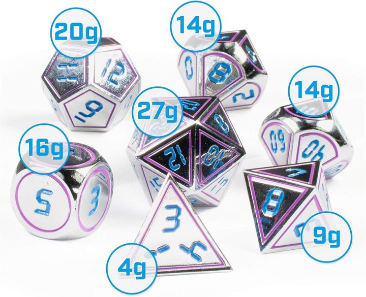 shibby 7 polyedrische Metall-Würfel für Rollen- und Tabletopspiele in Digital Optik D2 inkl. Aufbewa