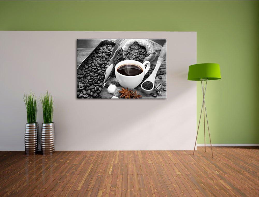 frischer Kaffe neben Kaffeebohnen schwarz/weiss Format: 100x70 auf Leinwand, XXL riesige Bilder fert