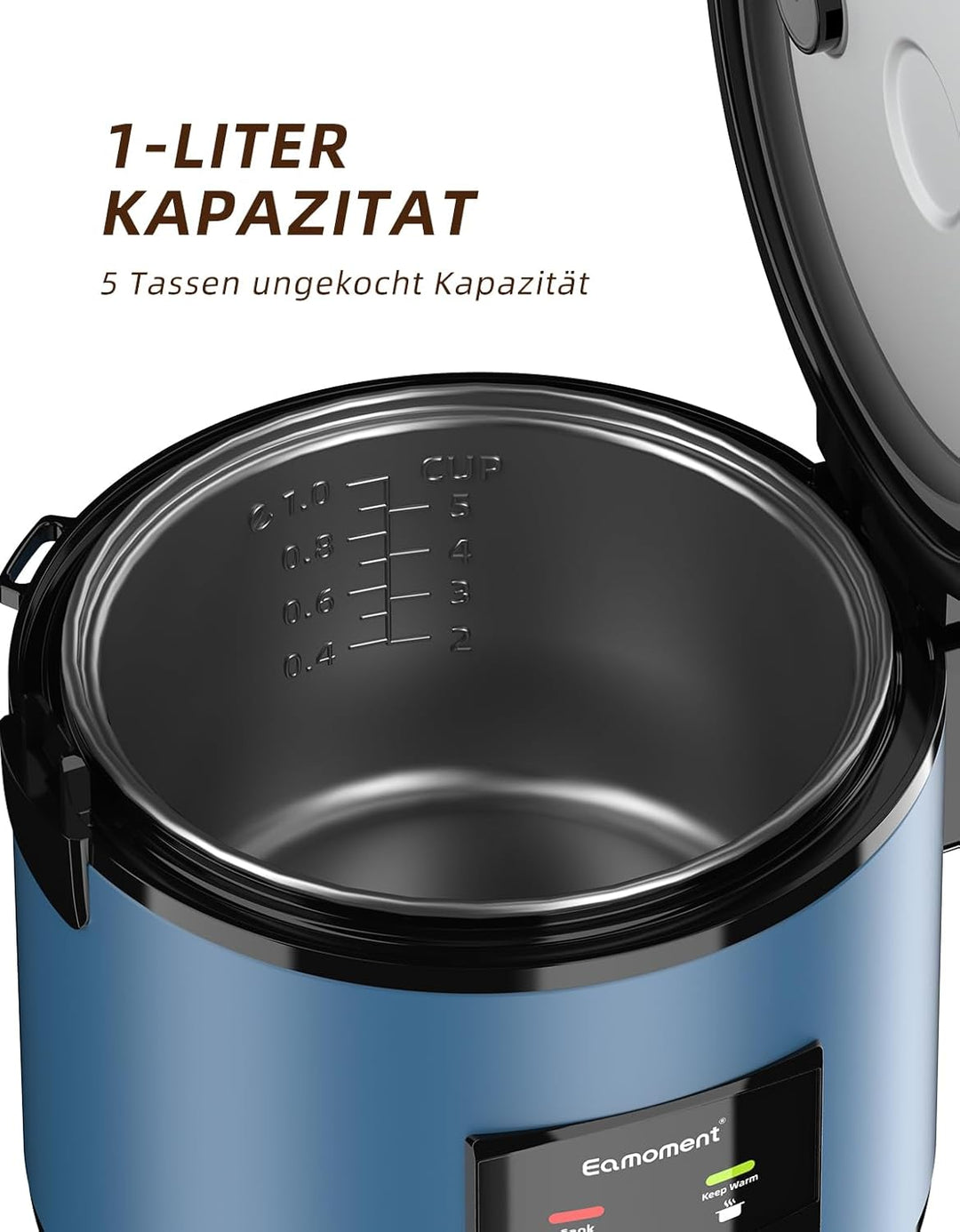 Eamoment DRC-5020BL 1L|400W Reiskocher & Dampfgarer(1ltr-5 Tassen) Für 1-5 Personen Schnelles Kochen