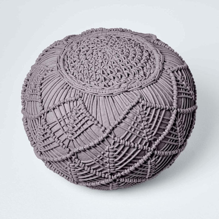 Homescapes Häkel-Pouf, grau, rundes Bodenkissen 35 x 40 cm in Boho Style, dekorativer Fusshocker in