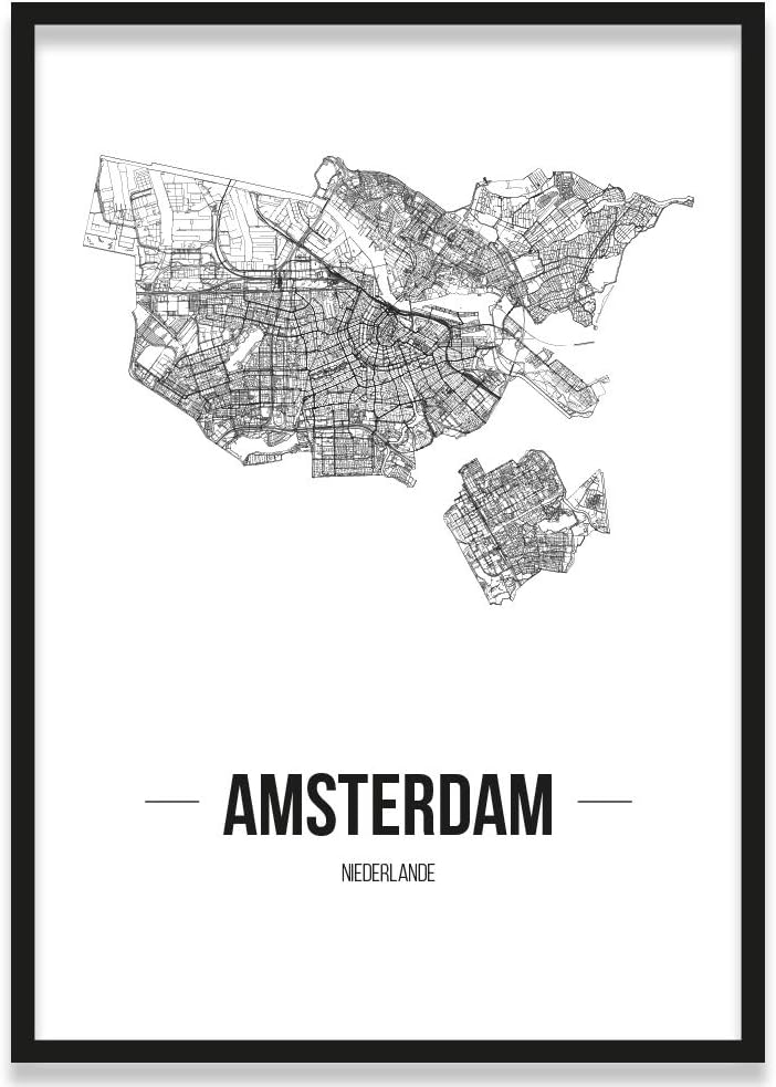JUNIWORDS Stadtposter, Amsterdam, Wähle eine Grösse, 21 x 30 cm, Poster mit Rahmen, Schrift B, Weiss