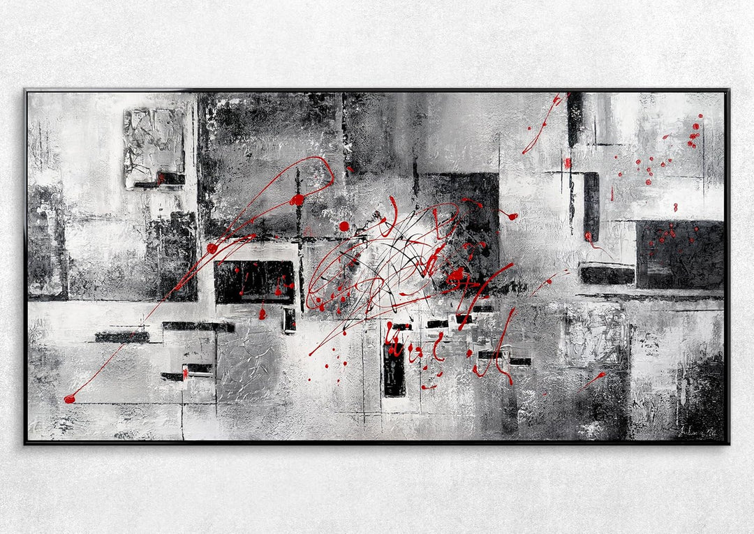 YS-Art XXL Abstrakt Acryl Gemälde auf Leinwand Courage handgemalt Wandbilder schwarz weiss grau rot