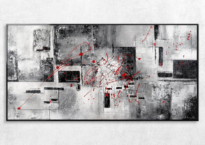 YS-Art XXL Abstrakt Acryl Gemälde auf Leinwand Courage handgemalt Wandbilder schwarz weiss grau rot