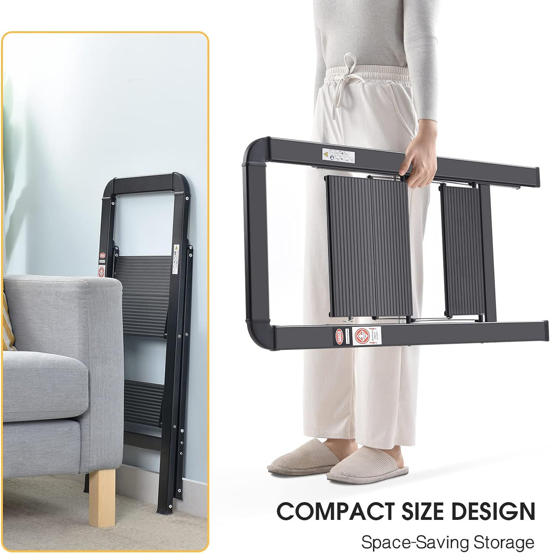 Kingrack, Trittleiter 2 Stufen, Stufenleiter, rutschfeste Haushaltsleiter mit Klappsicherung, Alumin