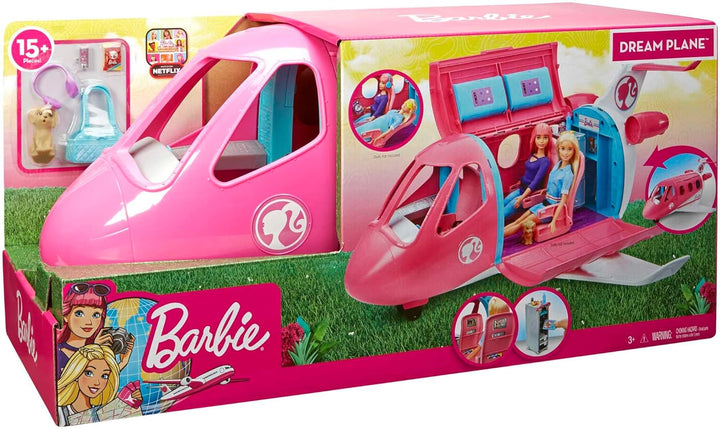 Barbie Flugzeug Dream Plane (ohne Barbie Puppe), mit beweglichen Räder und 15x Barbie Zubehör, in ro