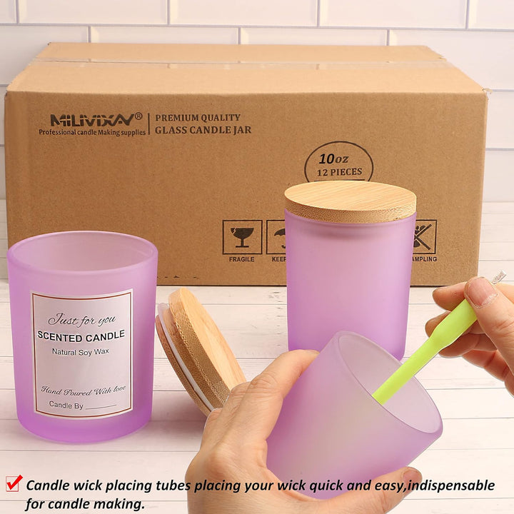 MILIVIXAY 12 Stück 284 ml matte lila Glaskerzengläser mit Deckel und Kerzenherstellungs-Kits – leere