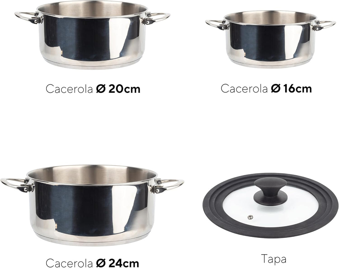 MasterPRO Foodies - Küchenbatterie - 4 -Stück -Set mit 4, 20 und 24 cm Pfannen und Glasdeckel - Herg