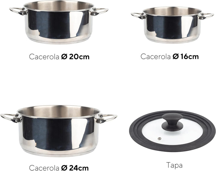 MasterPRO Foodies - Küchenbatterie - 4 -Stück -Set mit 4, 20 und 24 cm Pfannen und Glasdeckel - Herg
