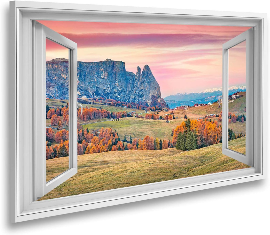 islandburner Bild auf Leinwand Fensterblick Unglaublicher Sonnenaufgang auf der Seiser ALM mit schön