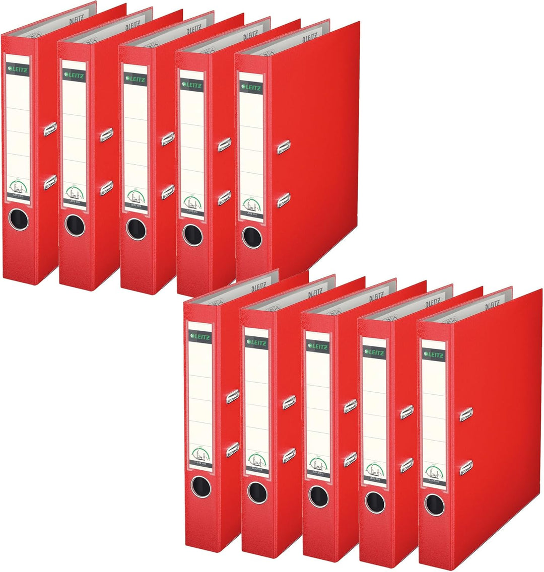 Leitz Qualitäts-Ordner 180° Plastik A4, 10er Pack, Schmal, Rot, 5,2 cm Rückenbreite, PP-laminierter