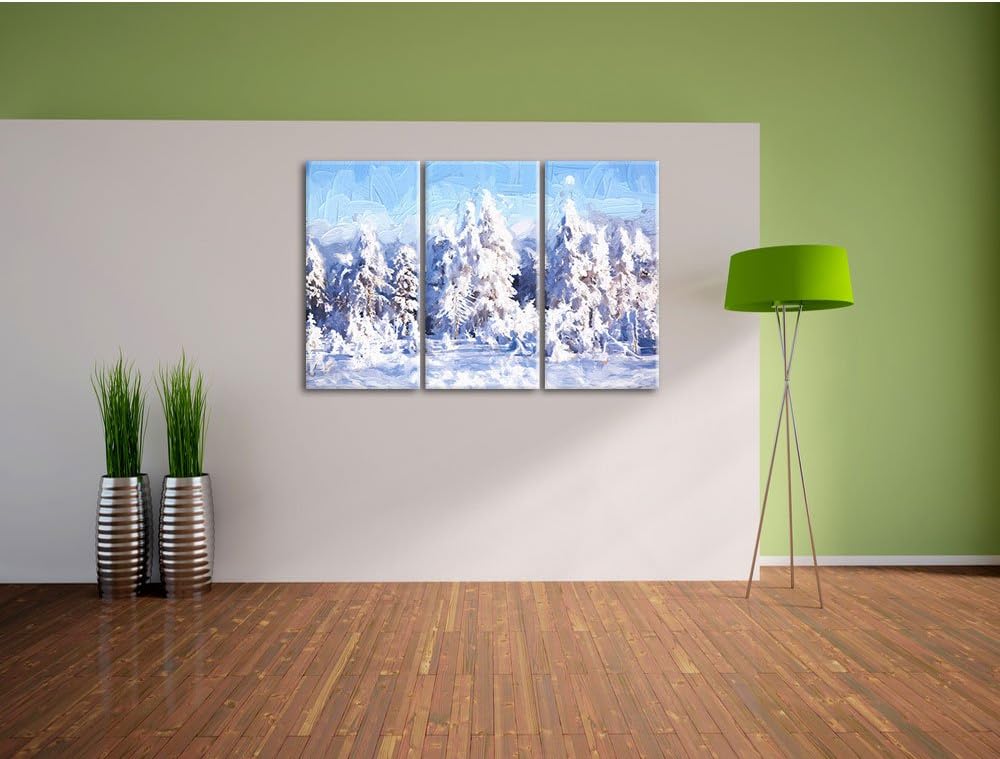 Pixxprint Winterwald Pinsel Effekt 3-Teiler Leinwandbild 120x80 Bild auf Leinwand