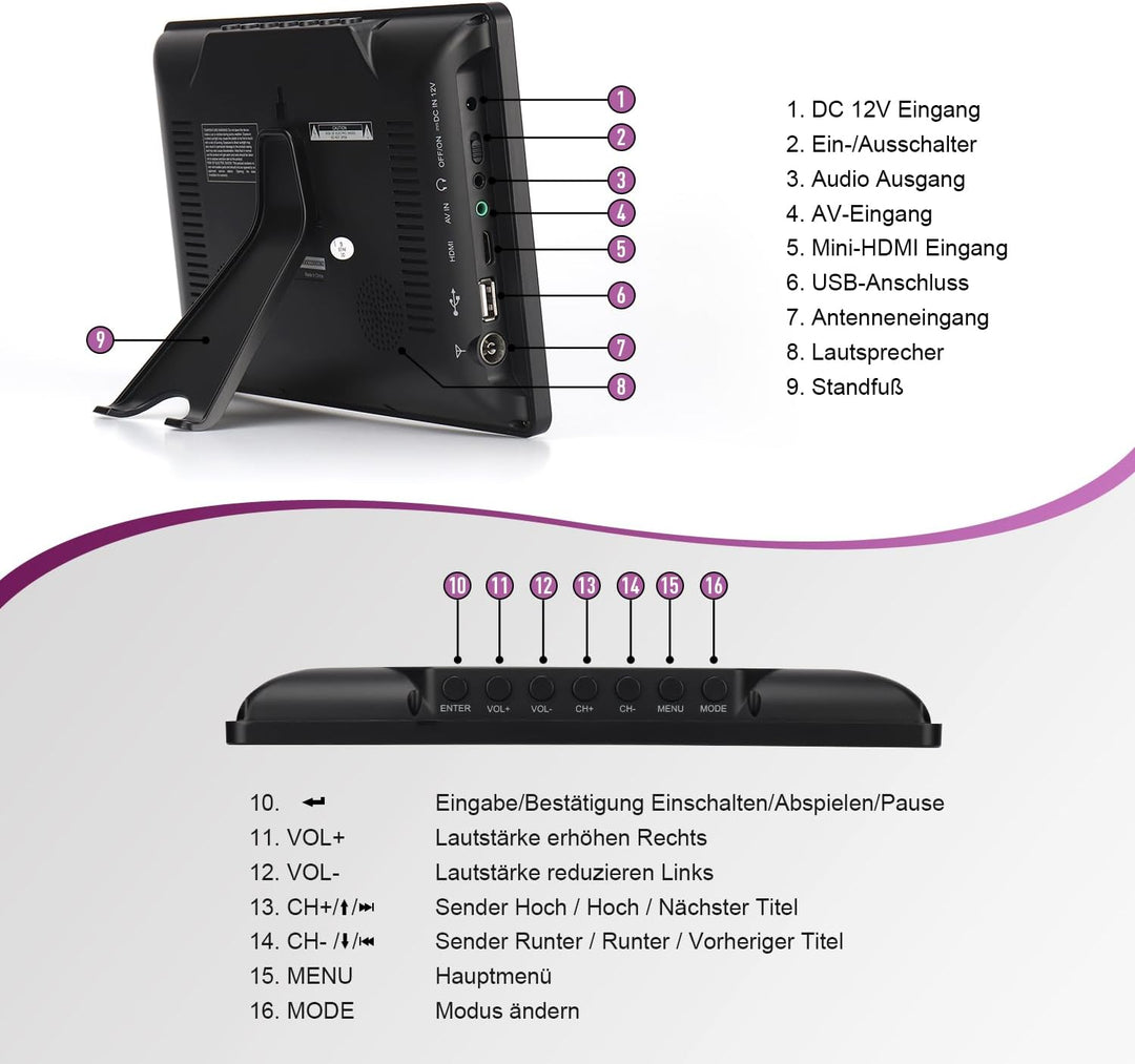 Tragbarer Mini Fernseher - August DA900D - 9 Zoll mit Akku - Portabler hochauflösender LCD TV mit DV