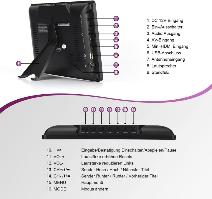 Tragbarer Mini Fernseher - August DA900D - 9 Zoll mit Akku - Portabler hochauflösender LCD TV mit DV