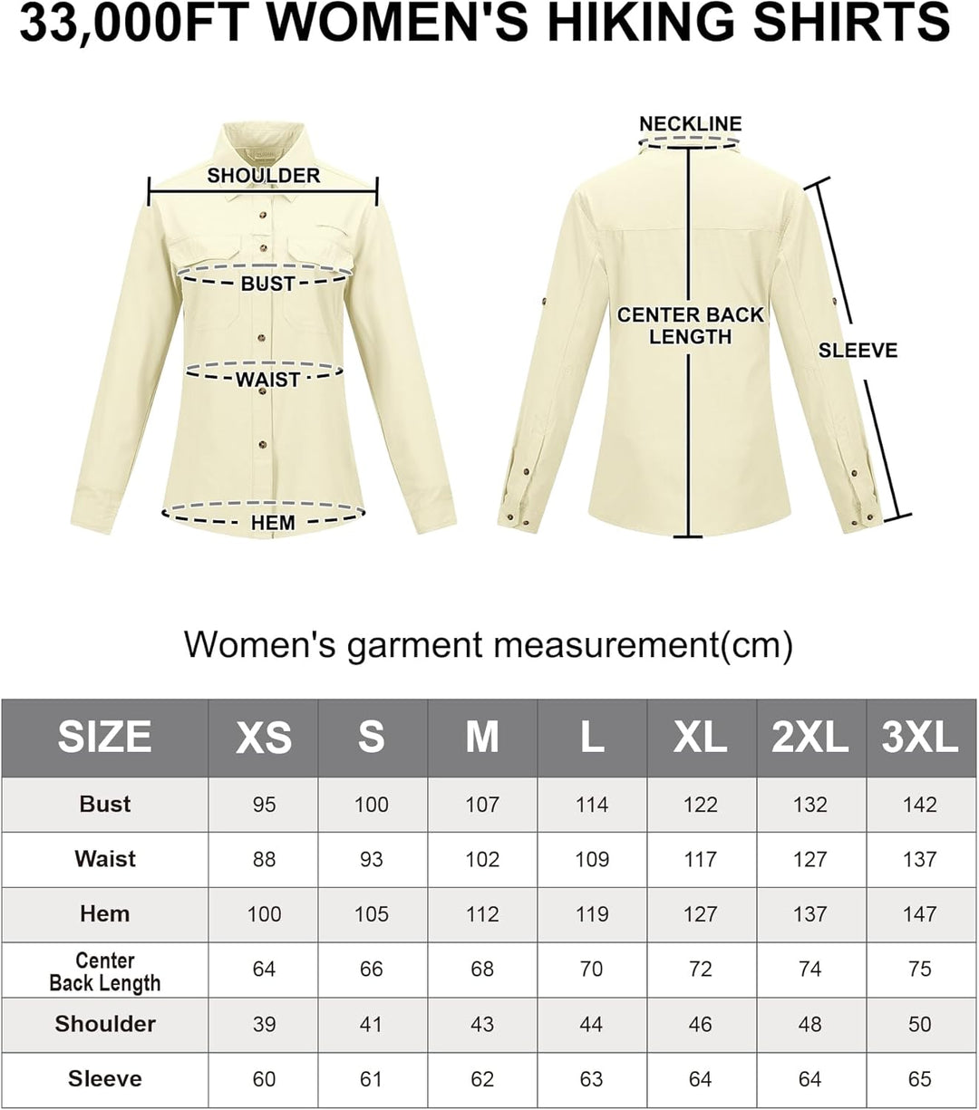 33,000ft Hemd Damen UPF50+ UV Schutz Outdoorhemd Schnelltrocknend Freizeithemd Langarm Funktionshemd