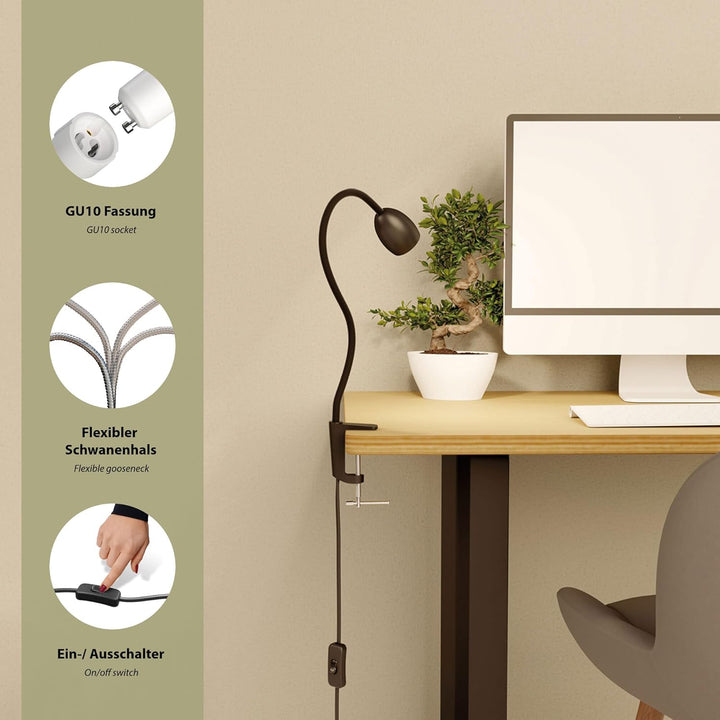 ledscom.de GU10 Klemmlampe KLUK mit Schwanenhals, schwarz inkl. GU10, 3-Stufen-dimmbar, warm-weiss,