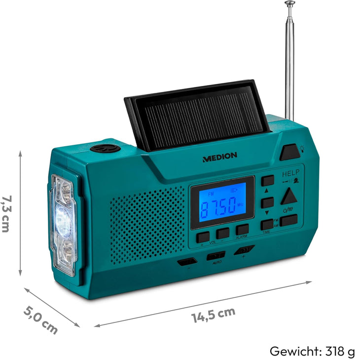 MEDION E66806 Kurbelradio (Solar, Dynamo Handkurbel, Baustellenradio, UKW Radio, Taschenlampe, SOS N