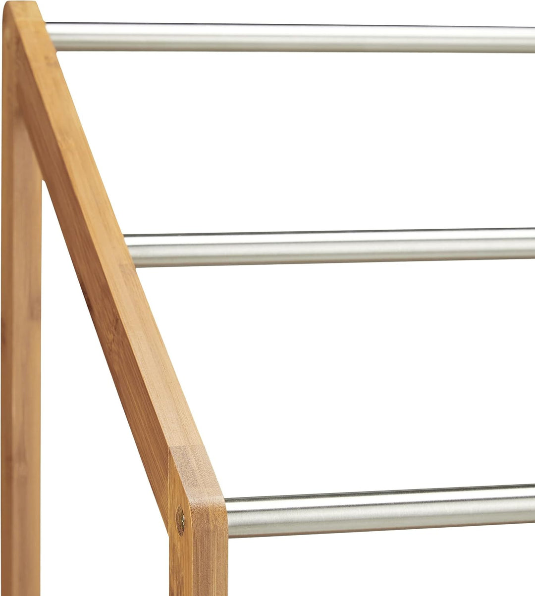 Relaxdays Handtuchhalter Bambus, 3 Handtuchstangen, Freistehend, Ablage, modern, HxBxT: 85 x 51 x 31