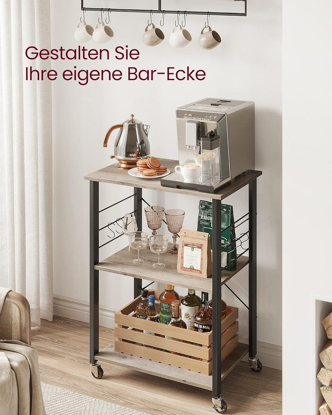 VASAGLE Küchenregal auf Rollen, Servierwagen, 3 Ebenen, Küchenwagen, für Mini-Backofen, Mikrowellen,